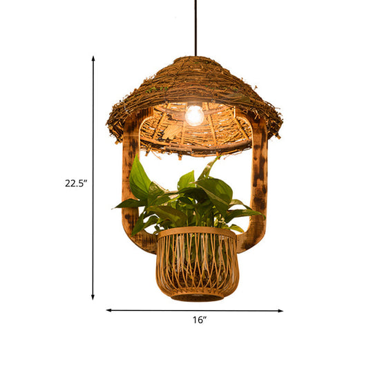 Rattan Pendant Lighting - Industrial Brown Hut Design Restaurant Pendulum Light