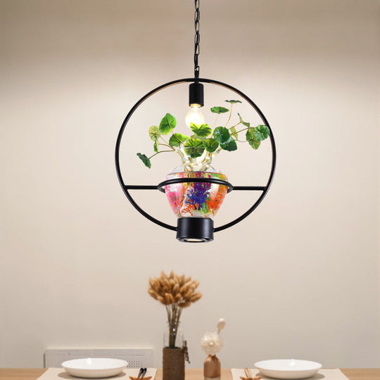 Black Round/Square Frame Hanging Lamp: Modern 1 Head Pendant Lighting Fixture for Dining Room with Urn Plant Pot