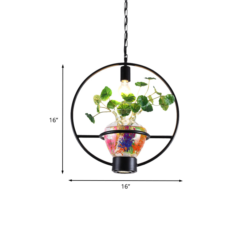 Black Round/Square Frame Hanging Lamp: Modern 1 Head Pendant Lighting Fixture for Dining Room with Urn Plant Pot