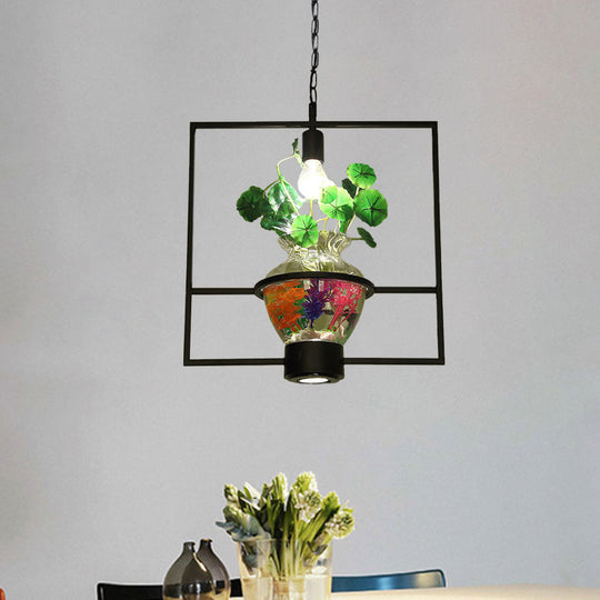 Black Round/Square Frame Hanging Lamp: Modern 1 Head Pendant Lighting Fixture for Dining Room with Urn Plant Pot