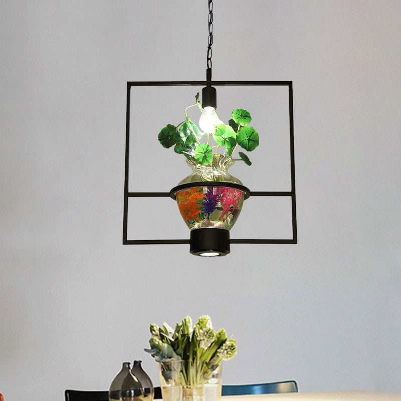 Black Frame Hanging Lamp: Modern Metallic Pendant Lighting Fixture For Dining Room With Urn Plant