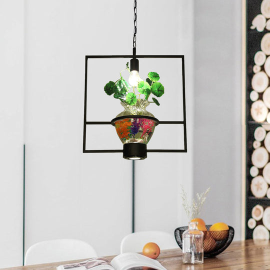 Black Round/Square Frame Hanging Lamp: Modern 1 Head Pendant Lighting Fixture for Dining Room with Urn Plant Pot