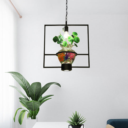 Black Round/Square Frame Hanging Lamp: Modern 1 Head Pendant Lighting Fixture for Dining Room with Urn Plant Pot