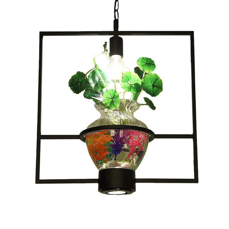 Black Round/Square Frame Hanging Lamp: Modern 1 Head Pendant Lighting Fixture for Dining Room with Urn Plant Pot