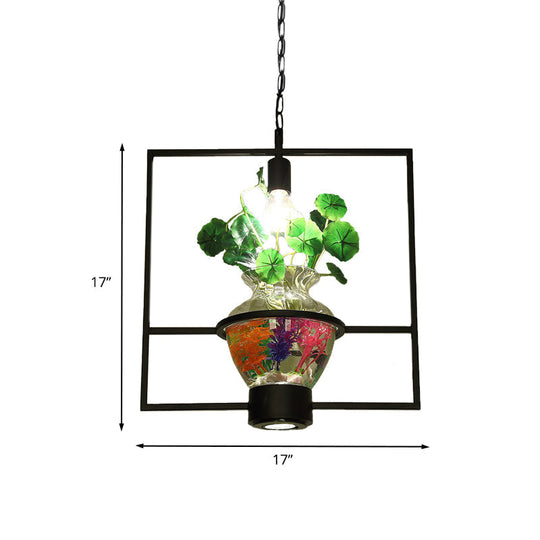 Black Round/Square Frame Hanging Lamp: Modern 1 Head Pendant Lighting Fixture for Dining Room with Urn Plant Pot