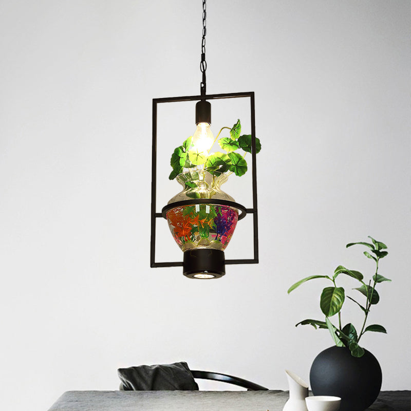 Black Round/Square Frame Hanging Lamp: Modern 1 Head Pendant Lighting Fixture for Dining Room with Urn Plant Pot