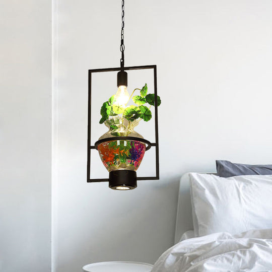 Black Frame Hanging Lamp: Modern Metallic Pendant Lighting Fixture For Dining Room With Urn Plant