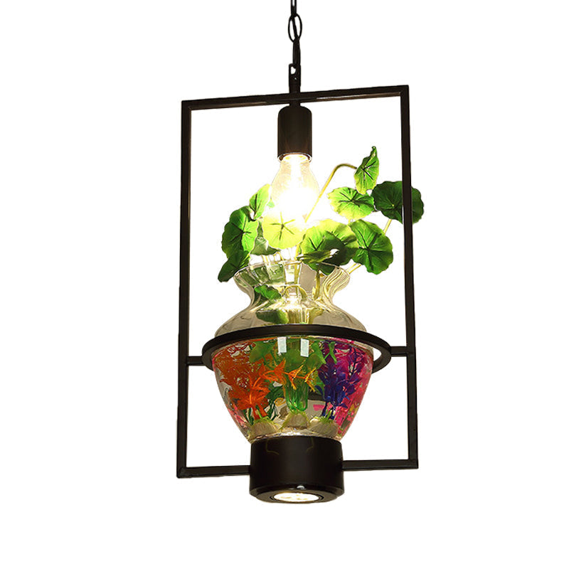 Black Round/Square Frame Hanging Lamp: Modern 1 Head Pendant Lighting Fixture for Dining Room with Urn Plant Pot