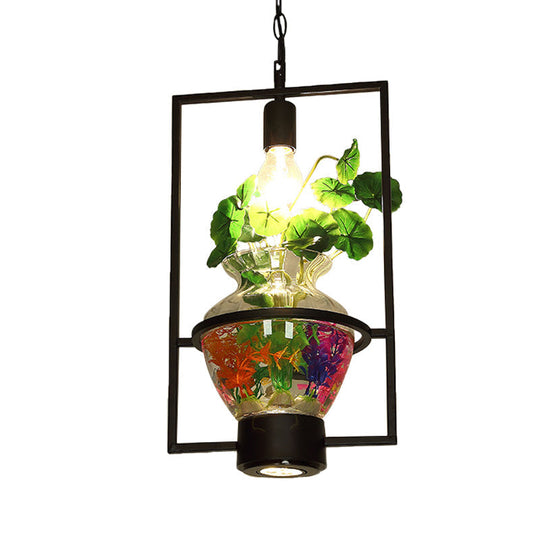 Black Frame Hanging Lamp: Modern Metallic Pendant Lighting Fixture For Dining Room With Urn Plant