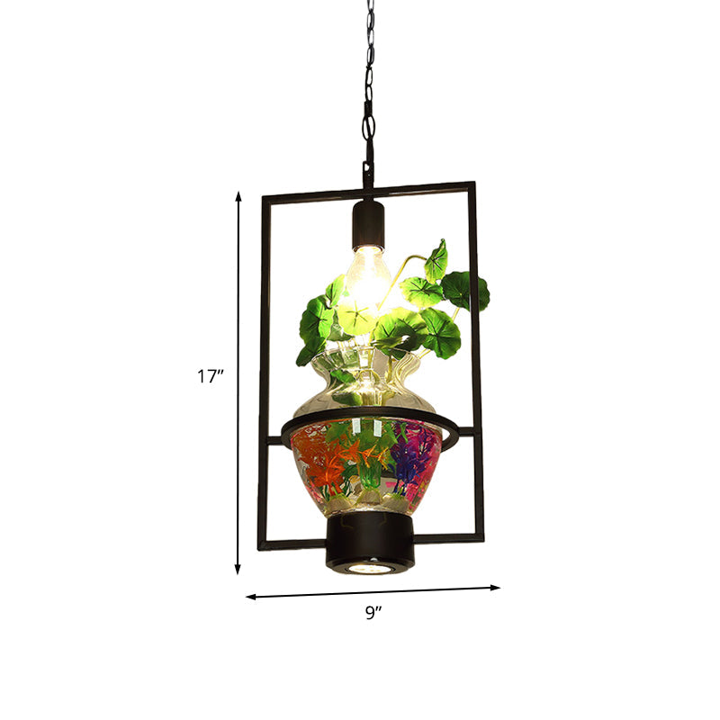 Black Round/Square Frame Hanging Lamp: Modern 1 Head Pendant Lighting Fixture for Dining Room with Urn Plant Pot