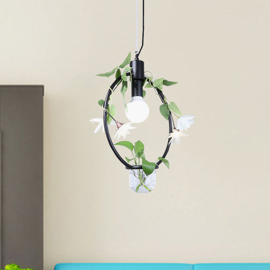 Farmhouse Pendant Lamp with Metal Frame in Black/Gold - Hanging Ceiling Light with Plant Pot and Fake Flower Vine