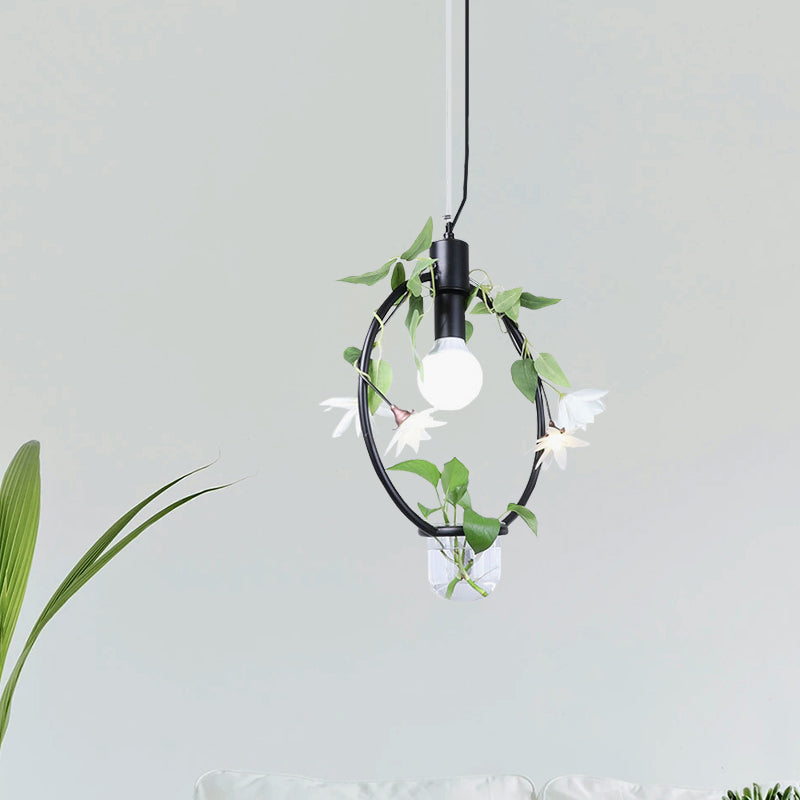 Farmhouse Pendant Lamp with Metal Frame in Black/Gold - Hanging Ceiling Light with Plant Pot and Fake Flower Vine