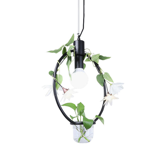 Farmhouse Pendant Lamp with Metal Frame in Black/Gold - Hanging Ceiling Light with Plant Pot and Fake Flower Vine