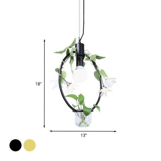 Farmhouse Pendant Lamp with Metal Frame in Black/Gold - Hanging Ceiling Light with Plant Pot and Fake Flower Vine