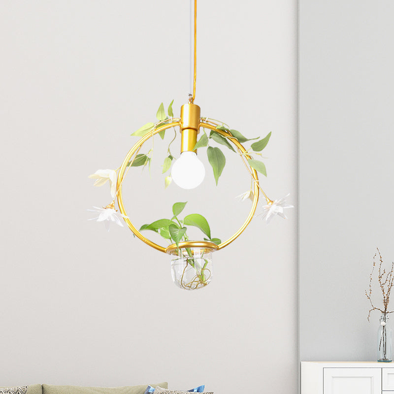 Farmhouse Pendant Lamp with Metal Frame in Black/Gold - Hanging Ceiling Light with Plant Pot and Fake Flower Vine