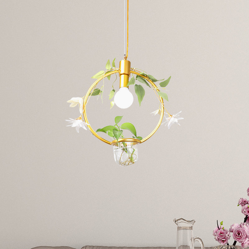 Farmhouse Pendant Lamp with Metal Frame in Black/Gold - Hanging Ceiling Light with Plant Pot and Fake Flower Vine