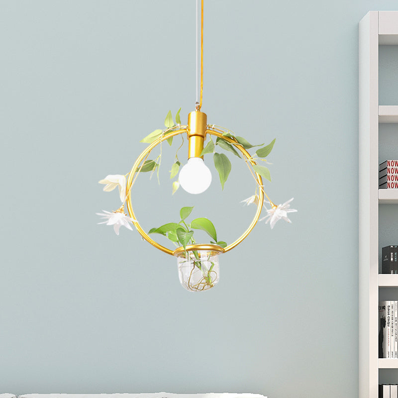 Farmhouse Pendant Lamp with Metal Frame in Black/Gold - Hanging Ceiling Light with Plant Pot and Fake Flower Vine