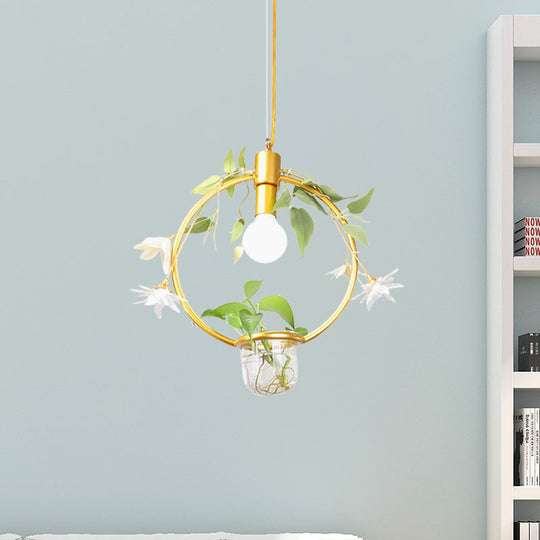 Farmhouse Pendant Lamp with Metal Frame in Black/Gold - Hanging Ceiling Light with Plant Pot and Fake Flower Vine