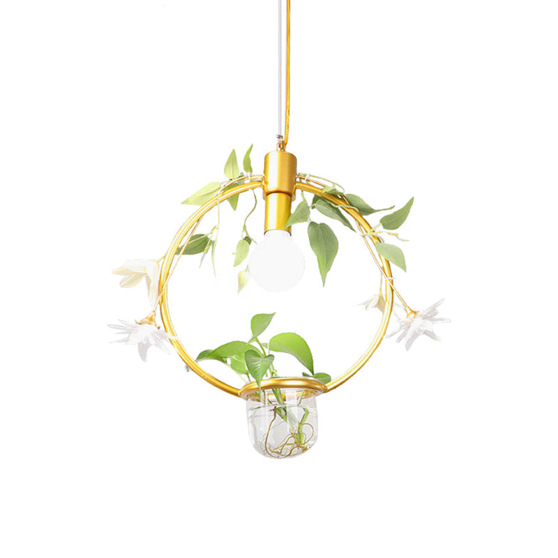 Farmhouse Pendant Lamp with Metal Frame in Black/Gold - Hanging Ceiling Light with Plant Pot and Fake Flower Vine