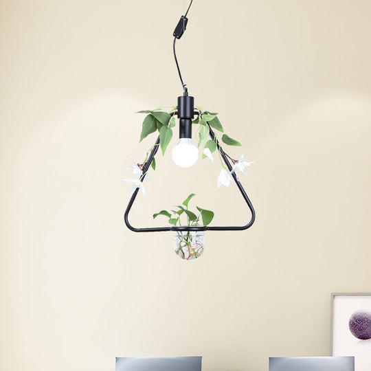 Farmhouse Pendant Lamp with Metal Frame in Black/Gold - Hanging Ceiling Light with Plant Pot and Fake Flower Vine