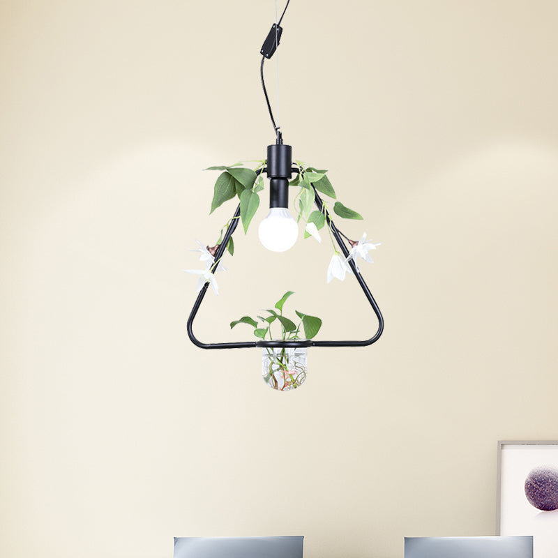 Farmhouse Pendant Lamp: 1-Light Triangle/Round/Square Metal Ceiling Light In Black/Gold With Plant