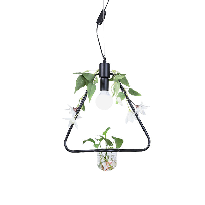 Farmhouse Pendant Lamp with Metal Frame in Black/Gold - Hanging Ceiling Light with Plant Pot and Fake Flower Vine