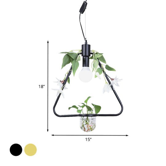 Farmhouse Pendant Lamp with Metal Frame in Black/Gold - Hanging Ceiling Light with Plant Pot and Fake Flower Vine