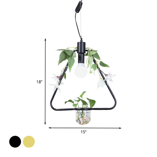 Farmhouse Pendant Lamp: 1-Light Triangle/Round/Square Metal Ceiling Light In Black/Gold With Plant