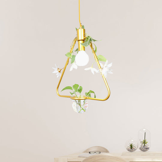 Farmhouse Pendant Lamp with Metal Frame in Black/Gold - Hanging Ceiling Light with Plant Pot and Fake Flower Vine