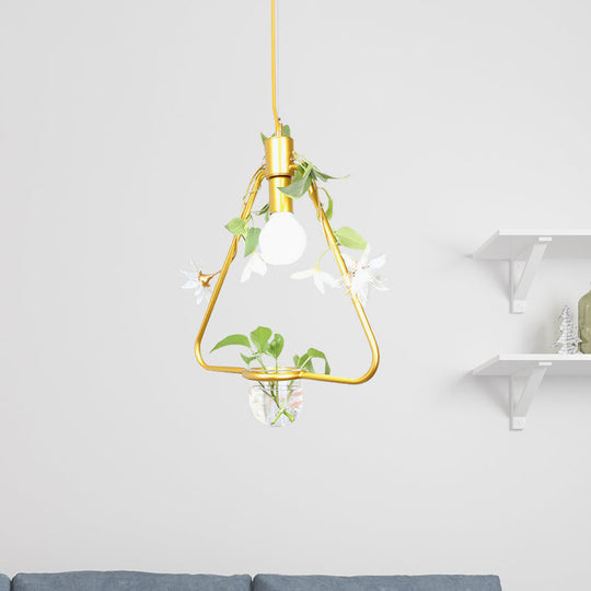 Farmhouse Pendant Lamp with Metal Frame in Black/Gold - Hanging Ceiling Light with Plant Pot and Fake Flower Vine