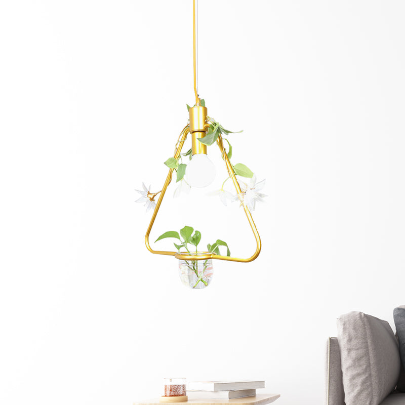 Farmhouse Pendant Lamp with Metal Frame in Black/Gold - Hanging Ceiling Light with Plant Pot and Fake Flower Vine