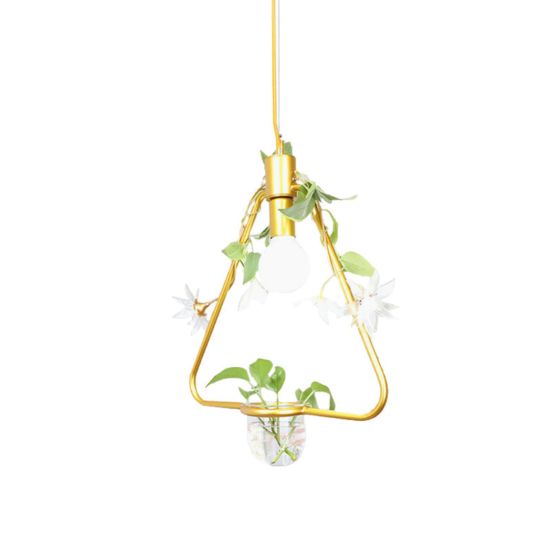 Farmhouse Pendant Lamp with Metal Frame in Black/Gold - Hanging Ceiling Light with Plant Pot and Fake Flower Vine