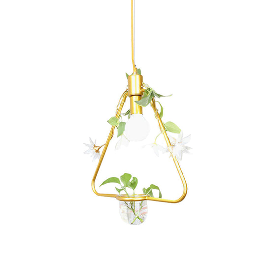 Farmhouse Pendant Lamp with Metal Frame in Black/Gold - Hanging Ceiling Light with Plant Pot and Fake Flower Vine