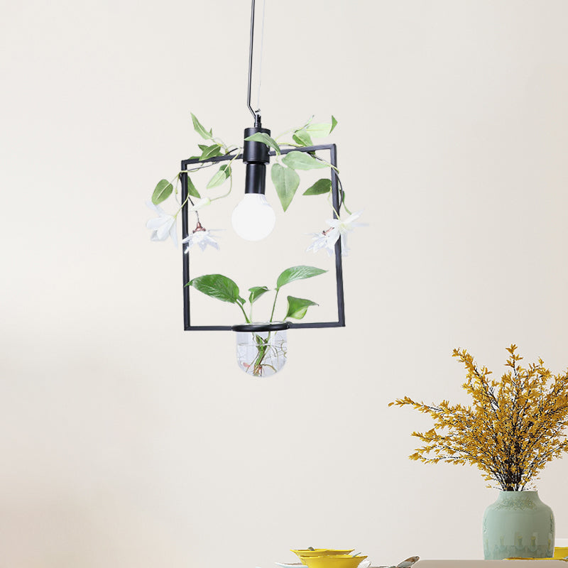 Farmhouse Pendant Lamp with Metal Frame in Black/Gold - Hanging Ceiling Light with Plant Pot and Fake Flower Vine