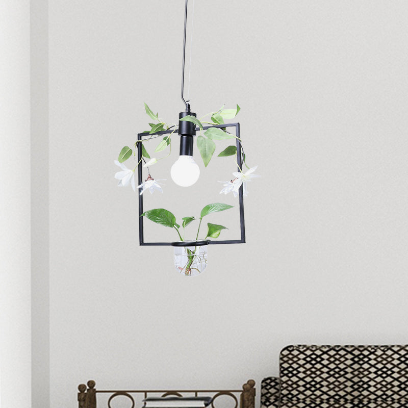 Farmhouse Pendant Lamp with Metal Frame in Black/Gold - Hanging Ceiling Light with Plant Pot and Fake Flower Vine