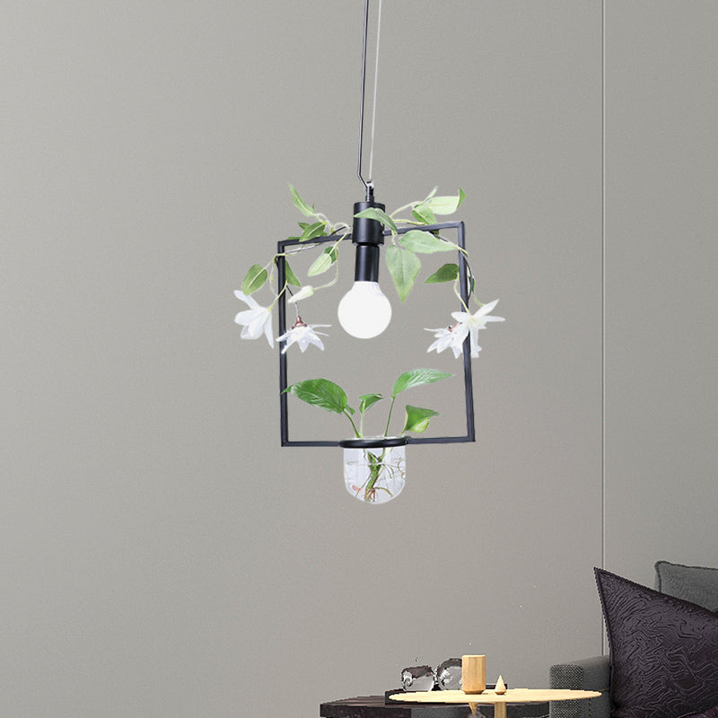 Farmhouse Pendant Lamp with Metal Frame in Black/Gold - Hanging Ceiling Light with Plant Pot and Fake Flower Vine