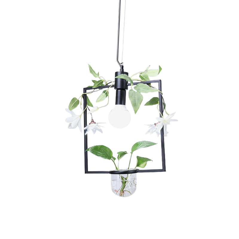 Farmhouse Pendant Lamp with Metal Frame in Black/Gold - Hanging Ceiling Light with Plant Pot and Fake Flower Vine