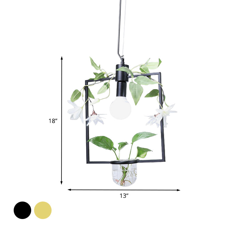 Farmhouse Pendant Lamp with Metal Frame in Black/Gold - Hanging Ceiling Light with Plant Pot and Fake Flower Vine