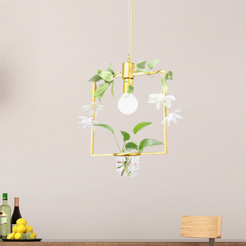 Farmhouse Pendant Lamp with Metal Frame in Black/Gold - Hanging Ceiling Light with Plant Pot and Fake Flower Vine