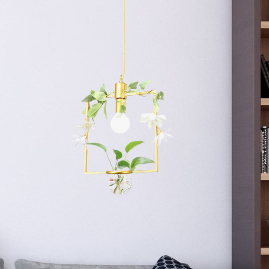 Farmhouse Pendant Lamp with Metal Frame in Black/Gold - Hanging Ceiling Light with Plant Pot and Fake Flower Vine