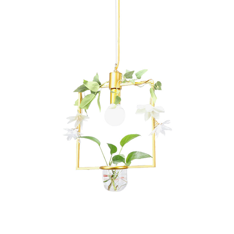 Farmhouse Pendant Lamp with Metal Frame in Black/Gold - Hanging Ceiling Light with Plant Pot and Fake Flower Vine