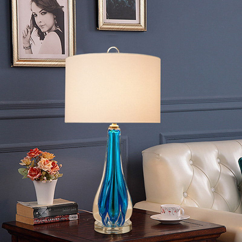 Traditional 1-Light White Fabric Table Lamp With Blue/Gold Vase Base Blue