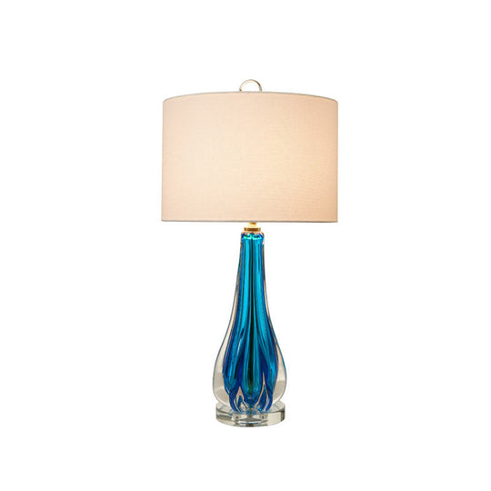 Traditional 1-Light White Fabric Table Lamp With Blue/Gold Vase Base