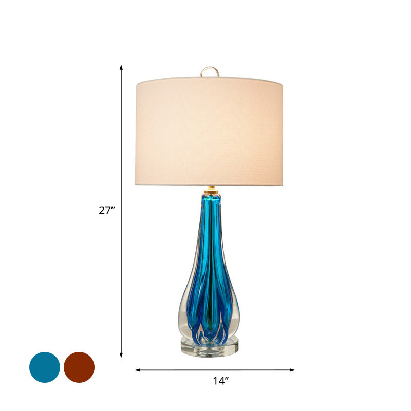 Traditional 1-Light White Fabric Table Lamp With Blue/Gold Vase Base