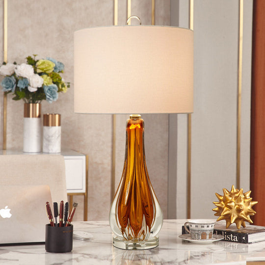 Traditional 1-Light White Fabric Table Lamp With Blue/Gold Vase Base