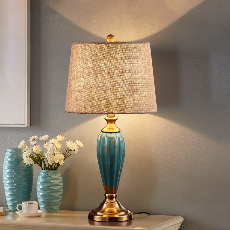 Ceramic Nightstand Lamp: Country Red/Blue Urn Shape With Fabric Drum Shade Blue