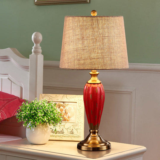 Ceramic Nightstand Lamp: Country Red/Blue Urn Shape With Fabric Drum Shade Red