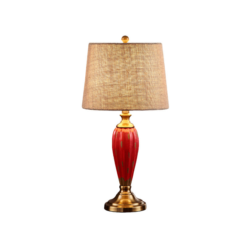 Ceramic Nightstand Lamp: Country Red/Blue Urn Shape With Fabric Drum Shade