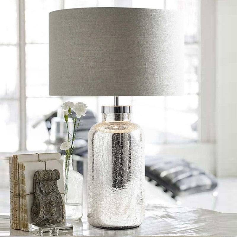 Grey Crackle Bottle Base Round Fabric Night Light: Countryside Table Lighting For Bedroom