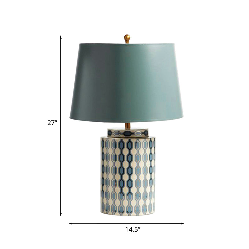 Country Green Fabric Tapered Drum Nightstand Lamp - 1-Bulb Table Lighting